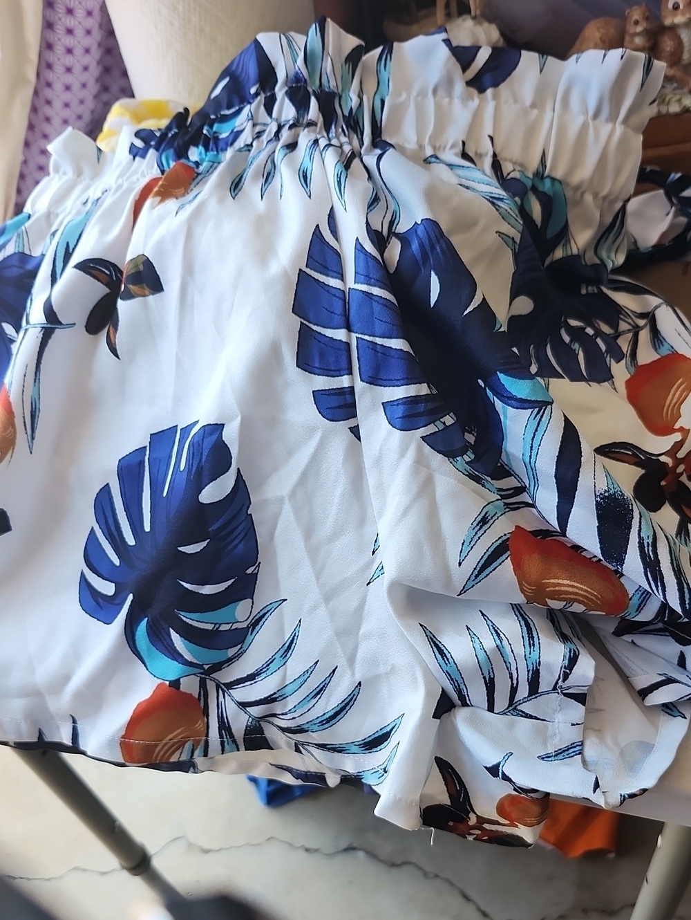 SHEIN White High-Waist Shorts with Navy & Orange Tropical Leaves